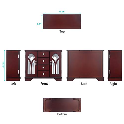 Jewelry Box - Made of Solid Wood with Cabinet Type 4 Drawers Organizer and 2 Doors on Sides Large Mirror - Dark Brown