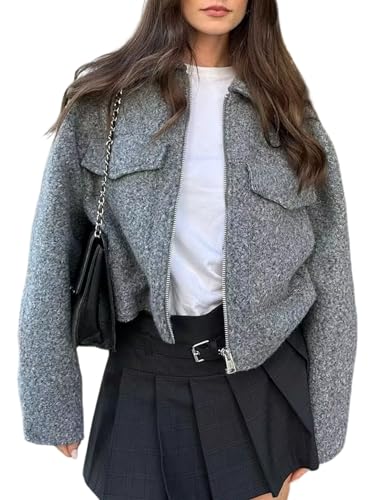 Wyeysyt Wool Coats for Women Lapel Zip Up Copped Bomber Jacket Ou...