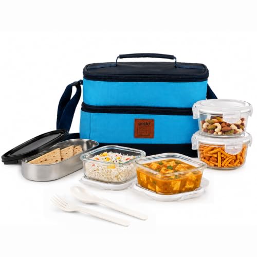 CELLO All Day Meal Glass Lunch Box for Office Use Sky Blue | 2 x 320ml Square, 1 x 240ml Round, 130ml Oval Containers with Spoon & Fork, Leadfree Leak Proof Airtight Glass Tiffin Box Set for Travel