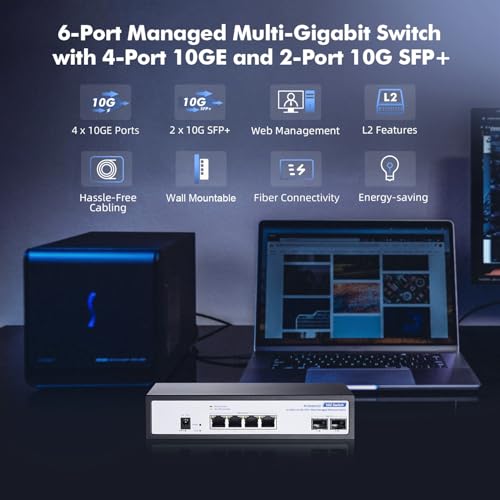 Image of 6 Port 10Gbps Managed Switch, 4 x 10G RJ-45, 2 x 10G SFP+ Slots, Support 10G /5G /2.5G /1000M Auto-Negotiation, YuLinca Smart Web Metal Network Switch