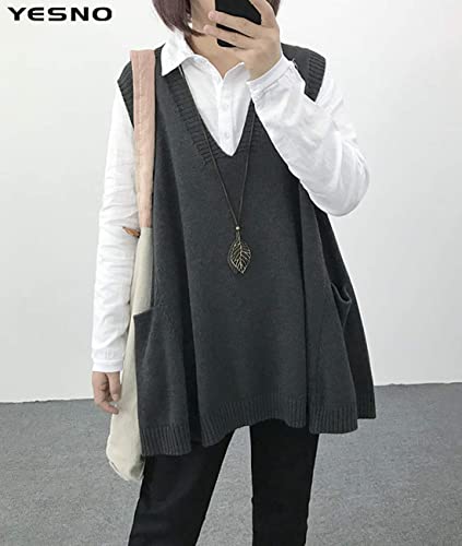 Yesno Sweater Vest Women Loose Swing Cotton Cute Oversized Knit Pullover Sleeveless Sweater Tops With Drop Pockets L Wm9 Gray #TOP1