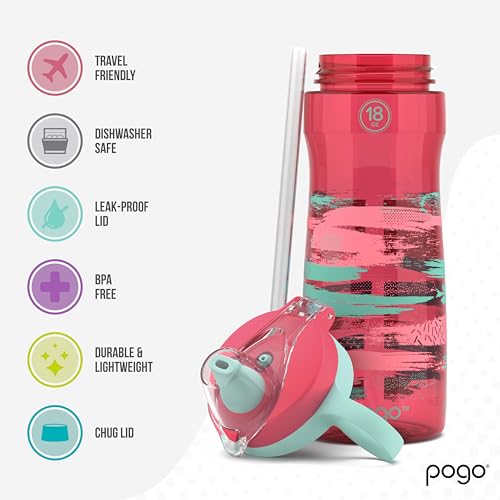 Image of Pogo BPA-Free Tritan Kids Water Bottle with Silicone Soft Straw, Pink Paint, 18 oz.