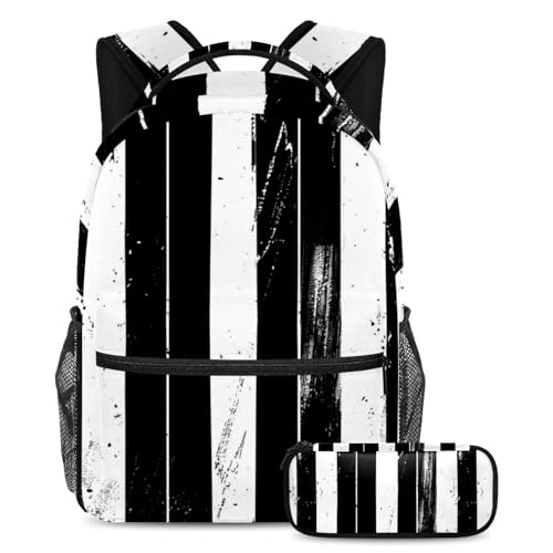 Sac à dos enfant avec trousse motif abstrait noir et blanc pour le collège et les sorties