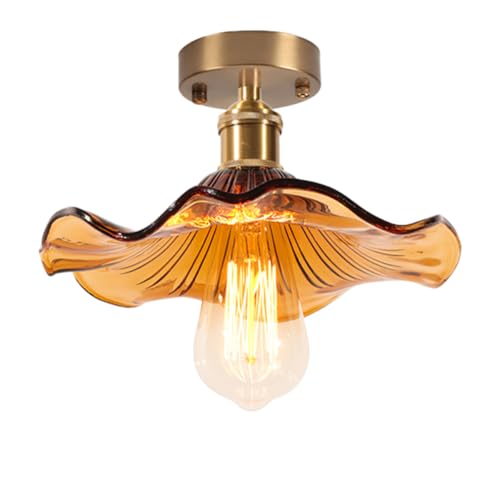 LIGINOK Plafonnier Vintage E27 Lustre à Lotus Créatif Abat-jour en Verre Ambre Luminaire...
