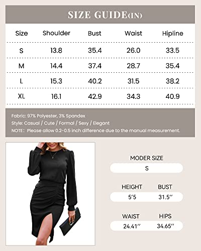 Wiciwi Women Casual Dresses 2023 Long Sleeve Crewneck High Waist Ribbed Knit Ruched Slim Fit Slit Plain Bodycon Dress(Solid Black,Small) #TOP5