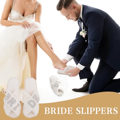 Bride Slippers for Wedding Day, Bride To Be Bridal Shower Gift for Women Bridesmaids, Personalized BRIDE Pearl Letter Open Toe Fuzzy Flip Flops, Getting Ready Outfit, Bachelorette Party4