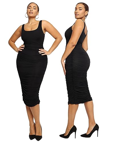 SHAPELLX Shaper Dress Sexy Ruched Bodycon Dress for Women Built-in 360° Tank Top Casual Party Club Midi Dresses 5