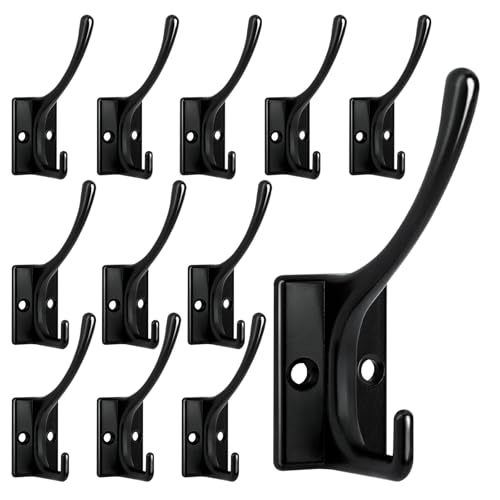 12 Pack Coat Hooks, Heavy Duty Coat Hooks Wall Mounted with 24 Screws, No Rust Double Hooks Black Wall Hooks for Hanging Towel, Coat, Scarf, Bag, Hat, Cup, Key