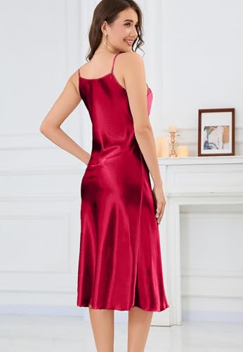 Image of ALCEA ROSEA Women's Midi Satin Slip Dress Adjustable Spaghetti Strap Nightgown Silky Under Dresses