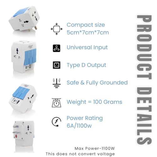 Image of Hi-PLasst 3 Pin Multi Plug | Universal Conversion Multiplug with Type A and Type C USB Charger | Universal Travel Adapter with Individual Switch & LED Indicator | 3 Way Plug Extension with Fuse