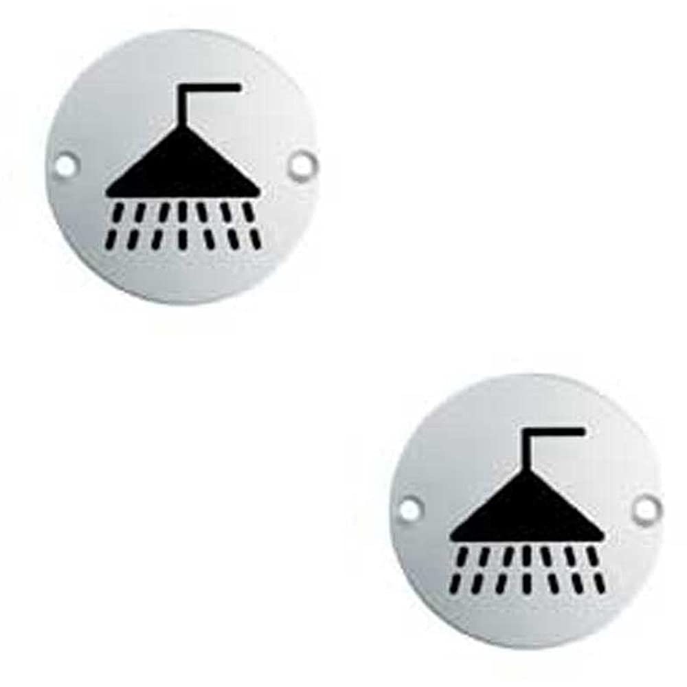 Loops Satin Stainless Steel 2 Pack | Bathroom Door Shower Symbol Sign - 64Mm Fixing Centres - 76Mm Dia - Satin Steel | Commercial Door Plaque - Bathroom Door Restroom Sign - Pub/Restaurant/Shop/Café Wc Sign