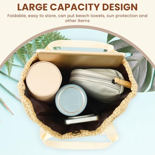 3 piezas de bolsas de playa tejidas a mano para mujer, 9,8 x 5,5 x 8,7 pulgadas, bolsa tote tejida de yute y malla hueca, con asa y correa para hombro, ideal para vacaciones, compras y viajes miniatura 6