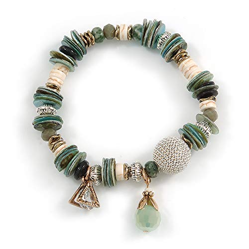 Bracelet tendance perles de verre vert blanc et coquillages avec anneaux dorés