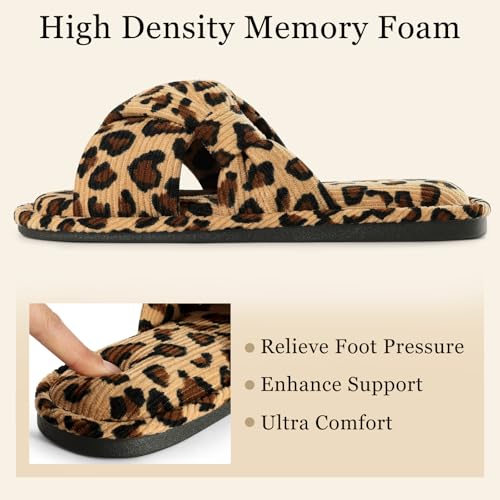 Image of Evshine Summer House Slippers for Women Corduroy Cross Bow Indoor Slippers Open Toe Slip On Bedroom Shoes with Memory Foam