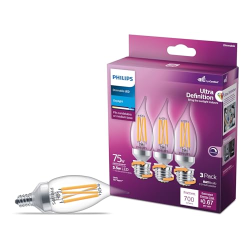 Image of PHILIPS LED 75W BA11 E12 or E26 Adapter Base 3-Pack Ultra Definition Daylight (5000K) 700 Lumen (5.5W = 75W) Dimmable Flicker-Free Candelabra Light Bulbs