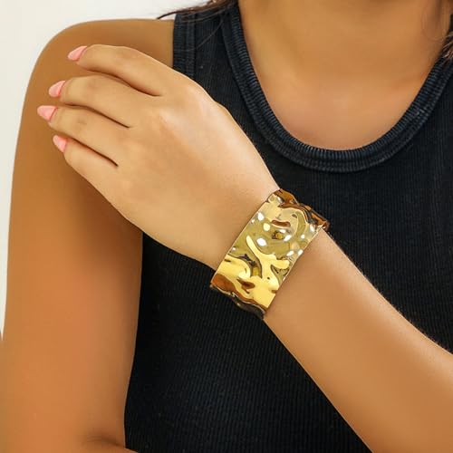 Wide Cuff Bracelet for Women Chunky Thick Hammered Concave Open Edge Arm Wrist Wrap Irregular Adjustable Shiny2