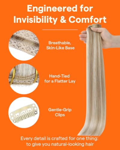 Image of Full Shine 16 Inch Lace Weft Human Hair Clip in Extensions, 3 Pcs 60g, #16P22 | Hair Extensions Clip in, Silky Straight Fill ins, Natural Look for Daily Wear, 18 Inch 3 Pcs 60g