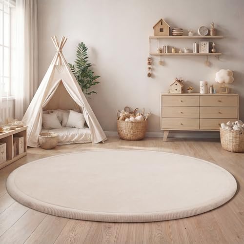 Paco Home Teppich Kinderzimmer Kinderteppich Baby Spielteppich Krabbeldecke Krabbelmatte Weich rutschfest Jungen Mädchen Deko, Grösse:80 cm Rund, Farbe:Creme