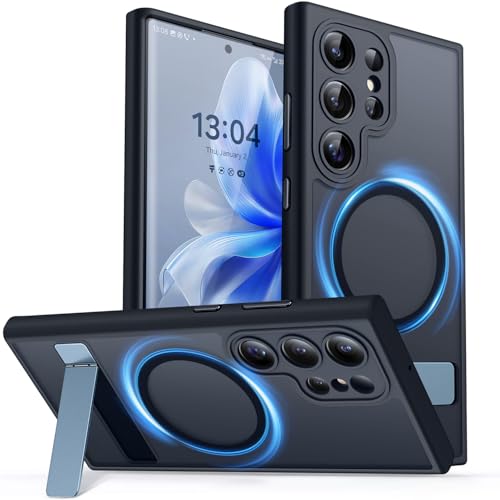 Image of CANSHN Strong Magnetic & Seamless Stand Designed for Samsung Galaxy S22 Ultra Case [Full Camera Protection] [Adjustable Kickstand] [Compatible with MagSafe] Translucent Matte Phone Cover - Black