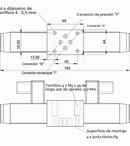 Electroválvula 6, válvula hidráulica de 4/3 vías, A-B-P-T cerrada, 12 V, presión máx. 315 bares