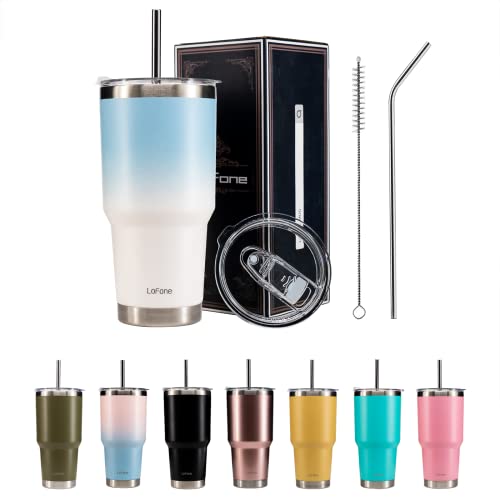 LoFone Insulated Tumbler with Straw and Lid, Stainless Steel Coffee Cups,30oz/850ml Vacuum Travel Mug for Hot & Cold Coffee (Blue White)