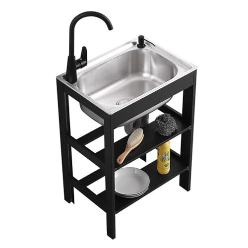 Fregadero de cocina independiente de un solo tazón con tubo de agua, acero inoxidable negro para lavandería y baño