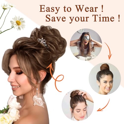 MORICA 1PCS Messy Hair Bun Hair Scrunchies Extension Curly Wavy Messy Bun Synthetic Chignon Hairpieces for Women (4/30#(Dark Brown & Light Auburn Mixed)) - Thumbnail 5
