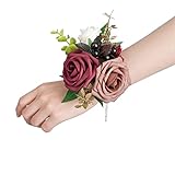 Ling's moment Burgundy Wrist Corsage Bracelet, Set of 6 Vintage Wedding Corsage Hand Flowers for Bridesmaid Bridal Shower Wedding Flower Corsage Ribbon Prom Corsage