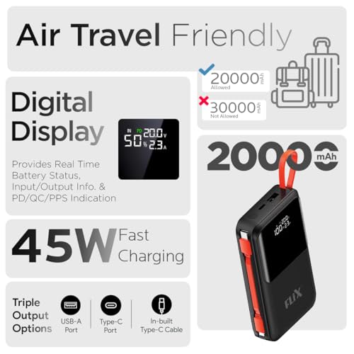 Image of FLiX UltraCharge XPB-P45 20,000mAh 45W QC Power Delivery PPS Power Bank, in-Built Type C & Lightning Fast Charging Cables, LED for Charging Percentage with Amp and Volt Display (Black)