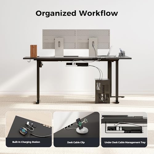 Image of Agilestic Electric L Shaped Standing Desk 63 x 48 Inch with Power Outlet, Height Adjustable Corner Stand up Desk with Cable Management,Sit Stand Home Office Workstation with Splice Board, Black
