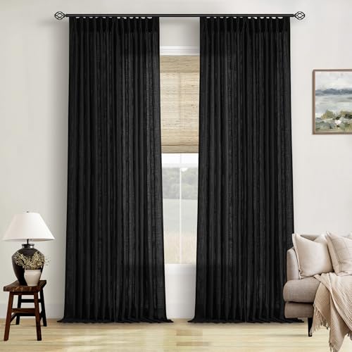 Image of Black Linen Curtains 102 Inches Long 2 Panels for Living Room Modern Thick Linen Flax Pinch Pleated Memory Trained Light Filtering Ceiling Semi Sheer 102 Inch Curtain with Hook Rings Back Tab