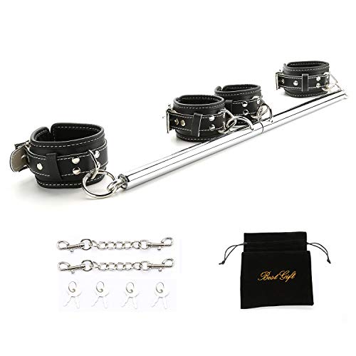 EXREIZST Adjustable Silver Spreader Bar with 4 Black Leather Straps Sports Exercise Aid Training Kit