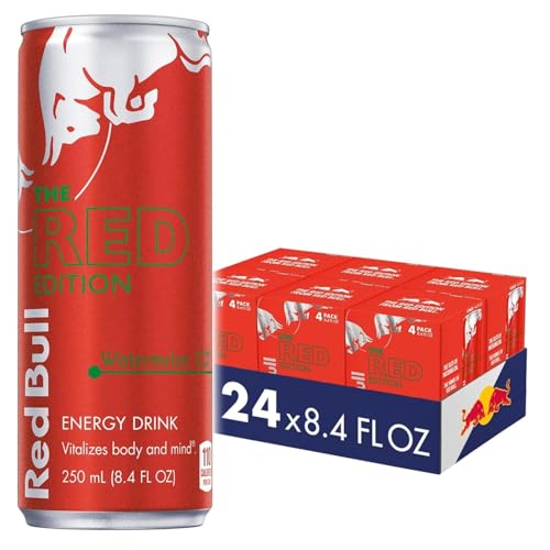 Image of Red Bull Red Edition Energy Drink, Watermelon, with 80mg Caffeine plus Taurine & B Vitamins, 8.4 Fl Oz, 6 Packs of 4 Cans (Pack of 24)