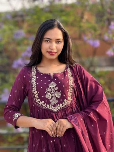 Image of AK TEWANIWomen's Cotton Embroidery Anarkali Kurti and Pant with Dupatta Set
