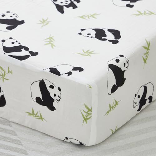 Image of Brandream Crib Sheets for Boys, Girls, Fitted Crib Sheet for Standard Crib Mattress, Printed Panda Neutral Toddler Sheets for Boys, Cotton Muslin Double Gauze Fabric, White Black