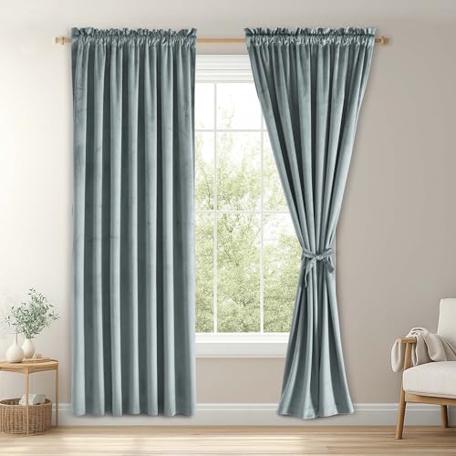 JIUZHEN Stone Blue Velvet Blackout Curtains 52W x 72L 2 Panels