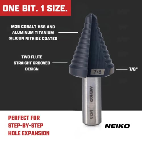 Image of NEIKO 10618B Step Drill Bit, 1 Step 7 /8 inch Straight M35 Cobalt, AlTiSiN Coated, 3 /8 inch Tri-Flat Step Bits for Steel, Metal, Wood, Plastic, Unibit Cone Drill Bits, Two Flute
