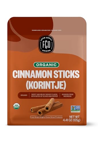 FGO Organic Cinnamon Sticks Whole, 4oz Resealable Pouch, 25+ Sticks, 2 ¾” Stick Size, Raw Spice from Indonesia (Korintje), Great for Tea, Desserts or Cooking, Non-GMO (Pack of 1)