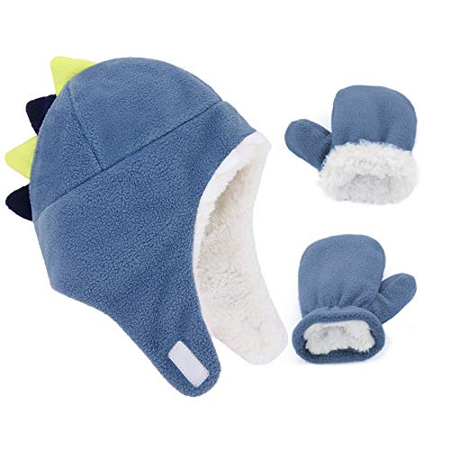 Zando Baby Boy Sherpa Hats and Mittens Set Toddler Gloves Warm Fleece Winter Hat Baby Girl Beanies Kids Caps Blue - Cute dinosaur 1-2T