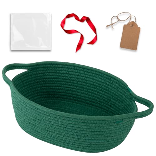 Image of OIAHOMY Small Woven Basket with Gift Bags, Ribbons & DIY Label Card, Baskets for Gifts Empty, Small Rope Basket 12 * 8 * 5IN, Cute Decorative Baskets with Handles for Baby Pets, Toys, Green