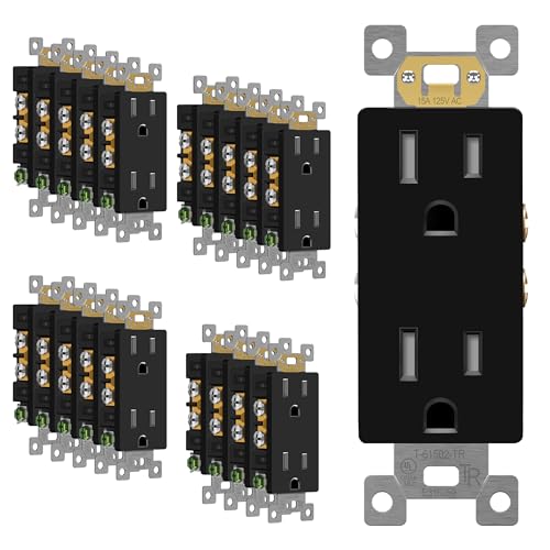 Image of ENERLITES 20 Pack Black Decorator Receptacle, Standard Electrical Wall Outlet, 15A 125V, Self-Grounding, 2-Pole, 3-Wire, 5-15R, UL Listed, 61502-TR-BK, Tamper Resistant