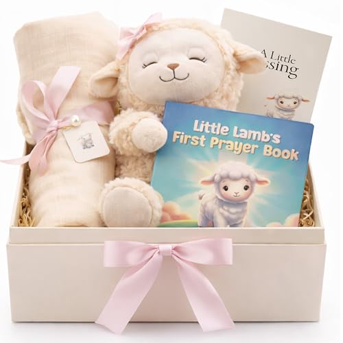 Highmark Collective Baptism Gift for Girl Baptism Set with 10 Praying Lamb Plush Toy (Pink Bow) Bamboo Muslin Blanket & First Prayer Book Ready to Gift Keepsake Box