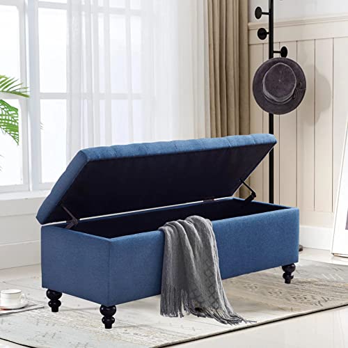 Image of Storage Ottoman 50.2 Inches Upholstered Fabric Storage Ottoman Bench,Button Tufted Ottoman with Storage for Living Room,Bedroom End of Bed Bench Withstands 302lbs (Blue)