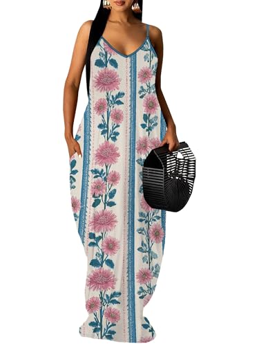 Image of Women Spaghetti Strap Maxi Dress with Pockets | Soft fabric relaxed fit sleeveless v neck with pockets for party and daily wear