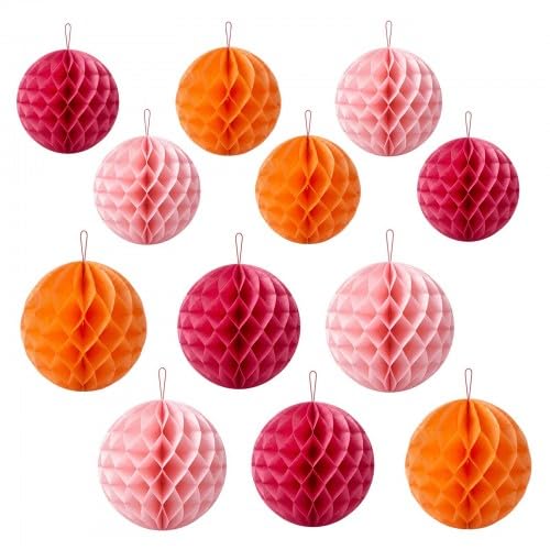 Image of 12pcs Colorful Paper Honeycomb Balls, 8" & 10" Hanging Tissue Pom Poms for Birthday Party Decorations, Wedding, Baby Shower, Garden Party Decor (Pink, Orange, Rose Red)