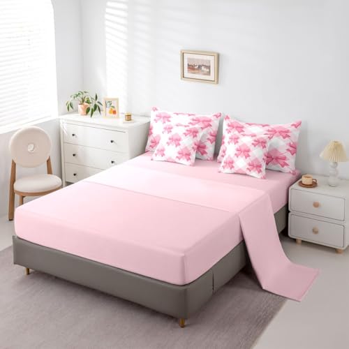 Image of Pink Bow Bed in a Bag King Size Comforter Set 7-Piece | Kawaii Ribbon Bowknot Bedding Sets Princess Bow Tie Comforter and Sheet Set, Dreamy Pink Plaid Bowknot Room Decor,Cute Room Decor Aesthetic