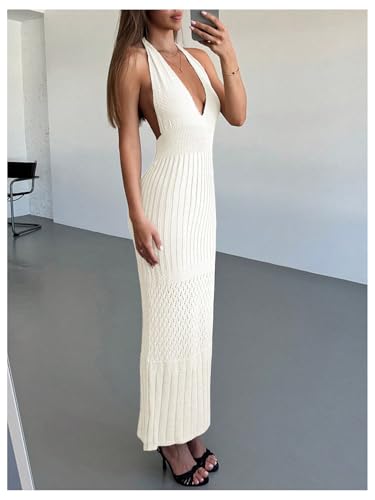 Image of GORGLITTER Women's Crochet Dress Halter Backless Bodycon Deep V Neck Long Knit Maxi Dresses Summer Beach Outfits 2026