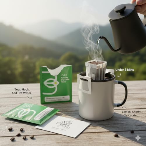 Image of bhuba Premium Portable Pour Over Drip Coffee Filters 120g | 100% Arabica Speciality Coffee Beans | Medium Roast | Tasting Notes - Lemon, Cherry and Chocolate (Pack of 10, 12g Each)