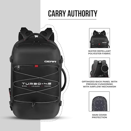 Image of Gear Turbo 21 inch /45L Large Water Resistant Anti theft Laptop Backpack with Raincover | Backpack | Daypack |Briefcase | Travel Bag For Men /Women (Black - Black)