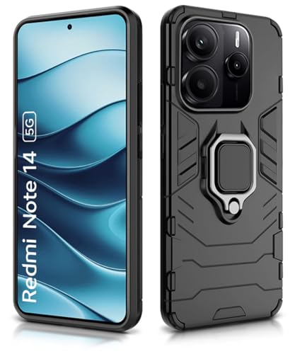Image of WOW IMAGINE Shock Proof Back Case Mobile Cover for Redmi Note 14 SE 5G | Redmi Note 14 5G | Back Cover Case (Tough Armor | Hybrid PC + TPU | Ring Holder & in-Built Kickstand | Black)